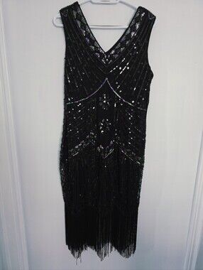 Babeyond Black Beaded Retro Gatsby Fringe V-Neck Women's Dress Size L XL